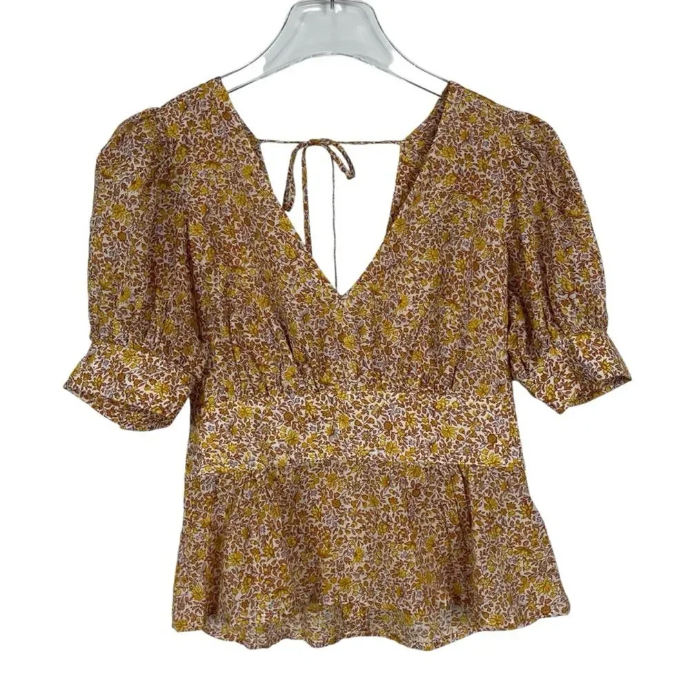 J. Crew Blouse Top Puff-sleeve V-neck Yellow Floral Size 0